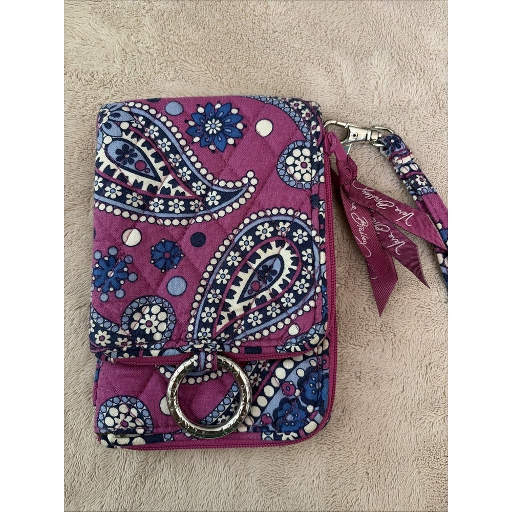 NWT Vera Bradley Double ID Wristlet Wallet Boysenberry Purple Paisley Ring 4 x6"